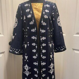 Kobi Halperin Linen Cotton Longline Navy White Embroidered Jacket Coat Small